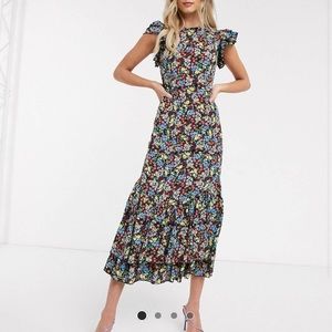 Never Fully Dressed frill shoulder ruffle hem midi maxi dress in multi floral